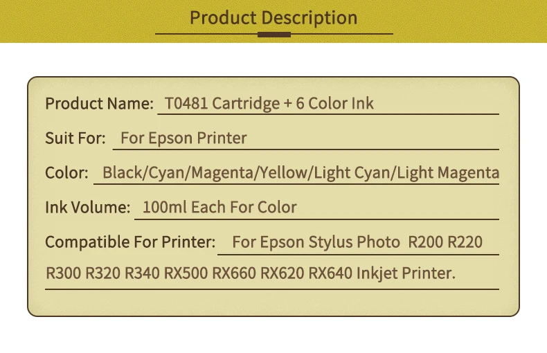 Toney King T0481 чернильные картриджи для Epson Stylus Photo R200 R220 R320 R340 RX500 RX60 принтер+ контейнер с чернилами для 6 × 100 мл