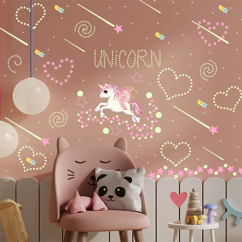Unicorn Wall Stickers Glow in The Dark Kids Room Decoration Fluorescent Luminous Star Baby Bedroom Phosphor Sticker Decorative