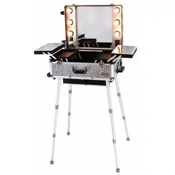 

MAYLAN Makeup Train Stand Case With Pro Studio Artist Trolley And Lights, Silver - Small