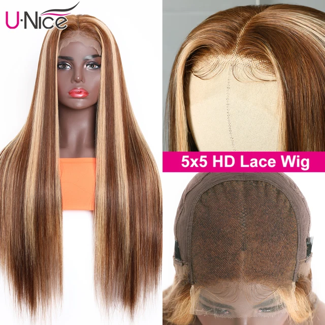 13x4 Highlight Wig Lace Front Human Hair Wigs Honey Blonde Brazilian Straight 5x5 HD Lace Closure