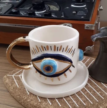 

Handmade ceramic authentic original evil eye beaded Turkish coffee Nescafe Yeşilçay cup and pad