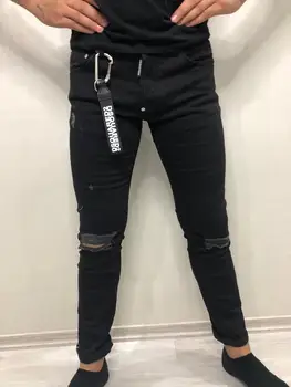 

Black Jeans Young Work Trousers Dangling Logo Ornament