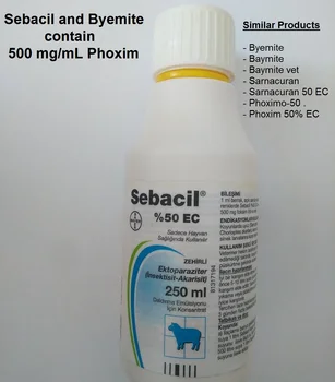 

SEBACiL / BYEMiTE %50 phoxim 500 mg/ml treatment chicken mite (poultry red mite), pig, cattle, sheep, dog mite lice ectoparasite
