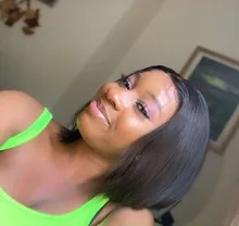 Bob peluca brasileña corta hueso recto pelucas de cabello humano para las mujeres negras peluca negra T malla con división Bob Peluca de cabello humano Pre arrancado