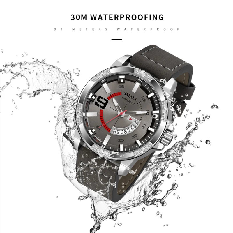 SMAEL повседневные спортивные часы для мужчин Топ бренд класса люкс кожаный ремень водонепроницаемые часы мужские часы Мода Большой циферблат Дата наручные часы 9100