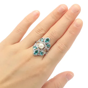 

28x17mm SheCrown Gorgeous Created Rich Blue Aquamarine White Pearl Gift For Sister Silver Rings