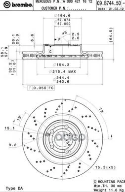 Диск Тормозной Передн, Mercedes-Benz: Slk 200/250/250 Cdi/350 11- Brembo арт. 09.B744.51