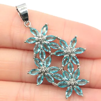 

48x26mm SheCrown Flowers Shape Created Blue Aquamarine Gift For Woman's Silver Pendant