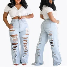 Небесно-голубые свободные рваные хип-хоп женские джинсы с высокой талией джинсовые на молнии, широкие женские уличные джинсы