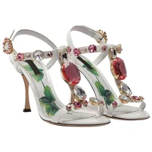 

Ladies Spring Sheepskin Print Shoes Rhinestone Stiletto T-strap High Heels Large Size Sandals All-match High Heels Sandals 43