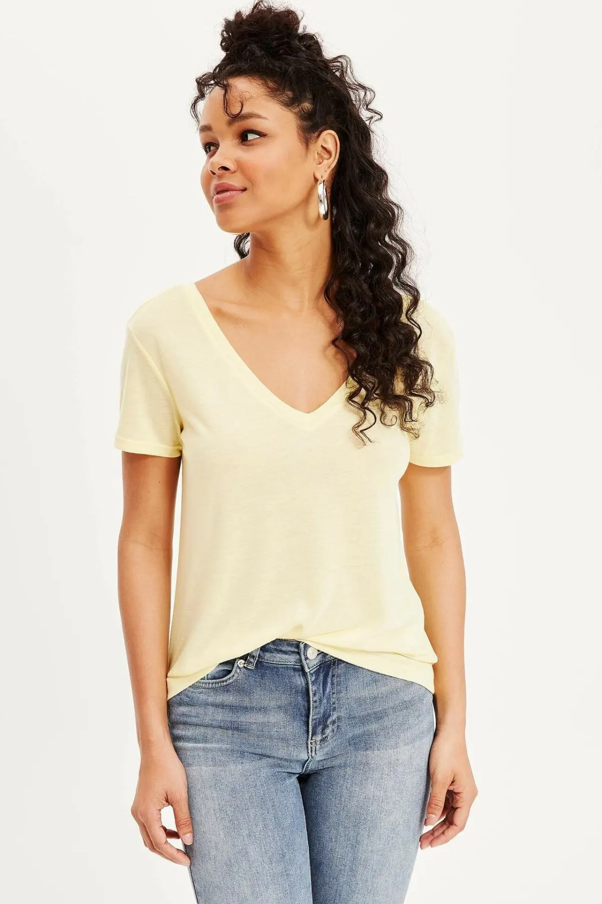 

DeFacto Woman Summer Deep V-Neck Top Tees Women Sexy Pure Color Tshirts Female Light Yellow Short Sleeve T-Shirt-K2768AZ18HS