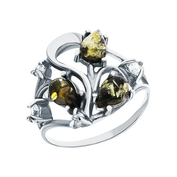 

Silver ring with cubic zirconia and amber sunlight sample 925 test
