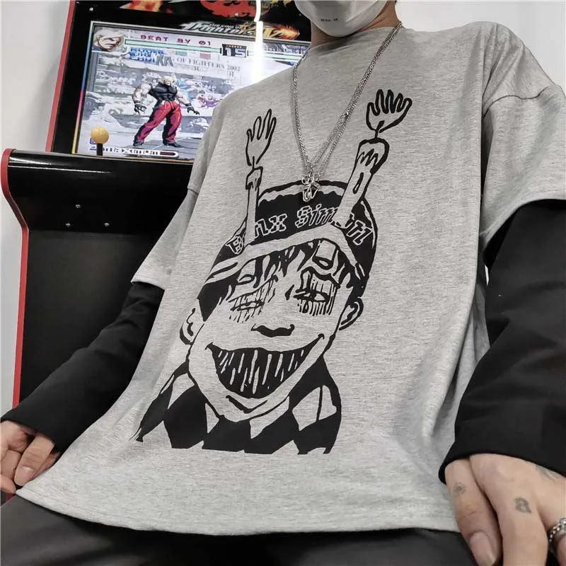 31775grey NiceMix Harajuku футболка женская поддельная 2 шт. принт японский Fujiang Ужасы комиксы длинный рукав рубашка Женская Vetement Femme - Цвет: 31775grey