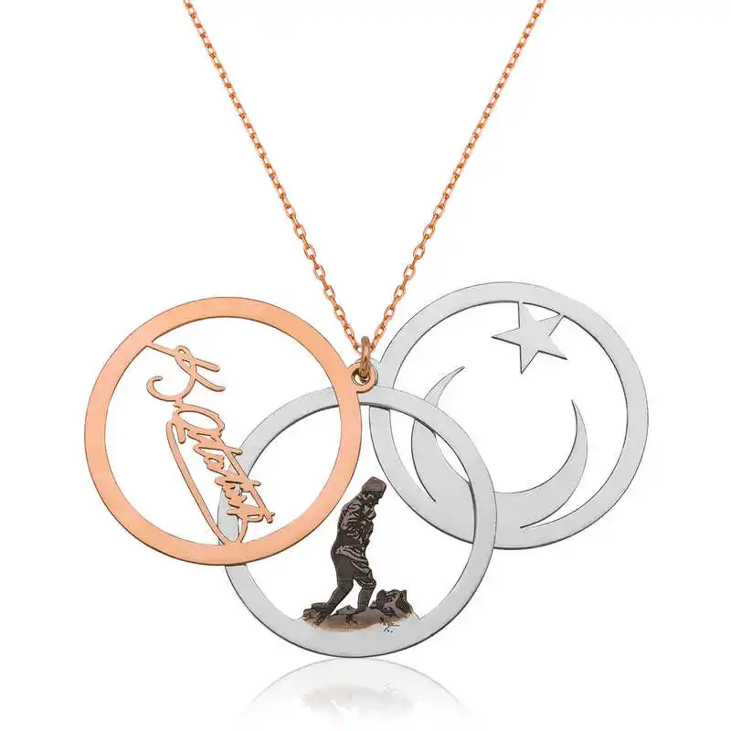 

Silver Ataturk Silhouette Moon Star and Ataturk Signature Print Lady Necklace