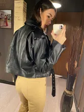 Jacket Short Winter Coat Faux-Leather Mozuleva Black Women Retro PU Turn-Down-Neck Loose