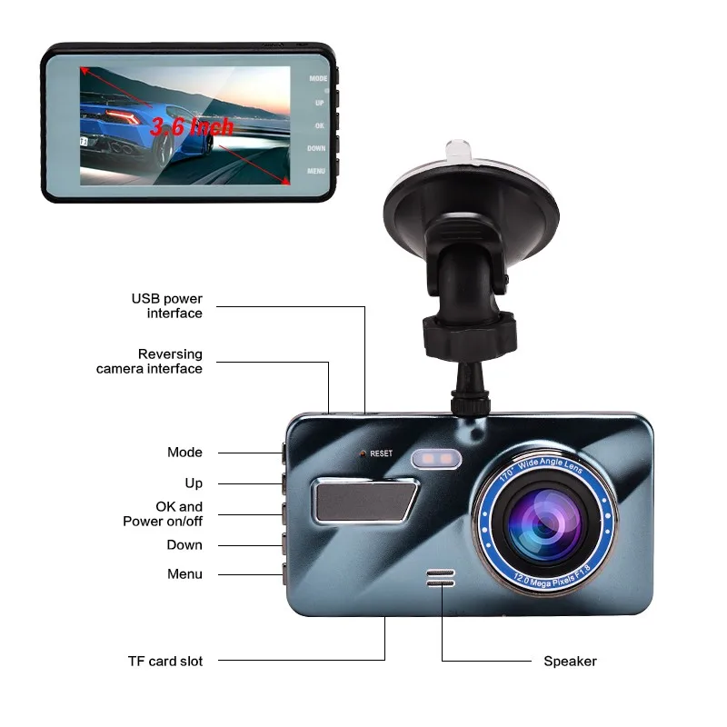 Car DVR Dash Cam Video recorder 3 in 1Rear View Dual Camera Full HD Car Camera 3.6"Cycle Recording Night Vision G-sensor Dashcam best rear view mirror camera