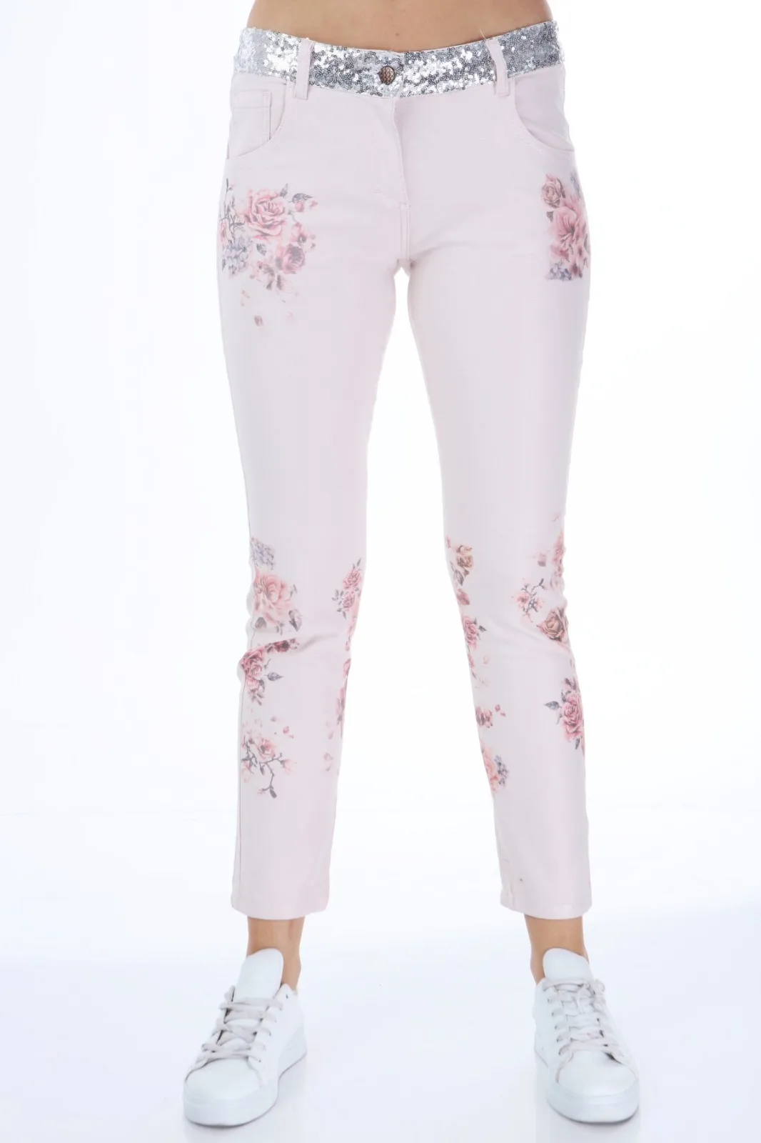 Diaves Woman New Summer Fashion High Waist Sequin Belt Flower Printed Detailed Pink Denim Pencil Jeans Pants