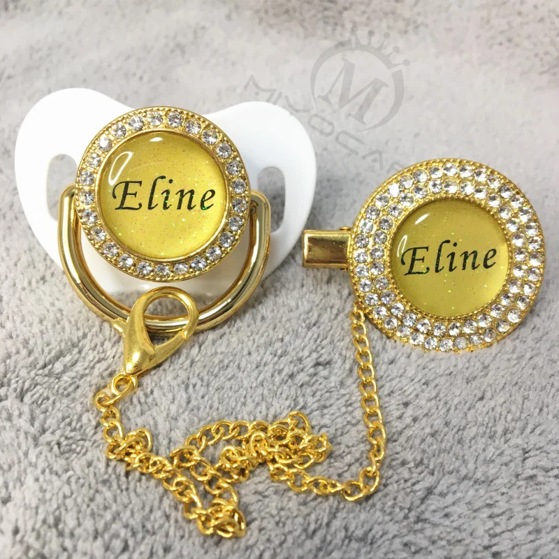 MIYOCAR custom any glitter name photo gold bling pacifier and pacifier clip black BPA free dummy bling glitter design P8-BG 4