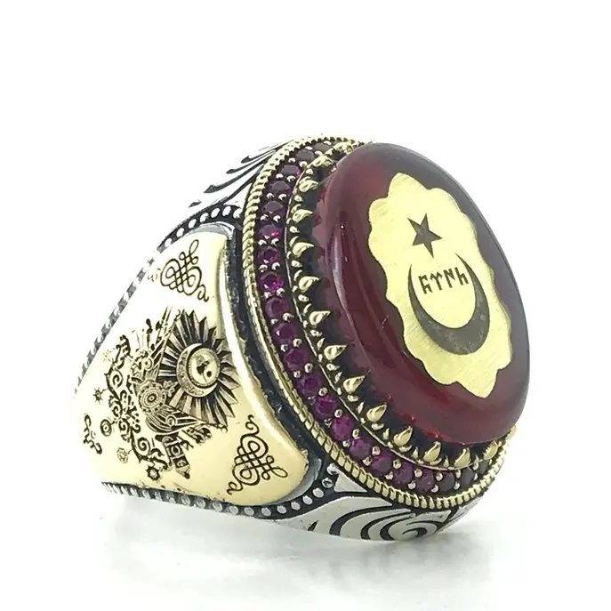

Amber and Ruby Stone Ottoman Tuğra Rigging Custom Silver Men 'S Ring