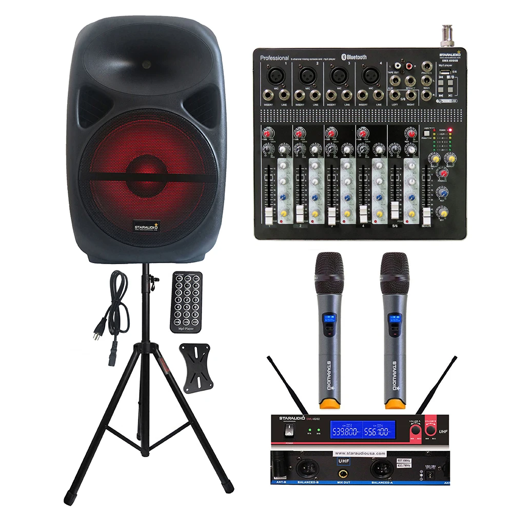 

STARAUDIO 15" 2500W PA DJ Powered Active Speaker System DJ Stand 6CH Mixer 2CH UHF Handheld Wireless Microphone System SCS-15RGB
