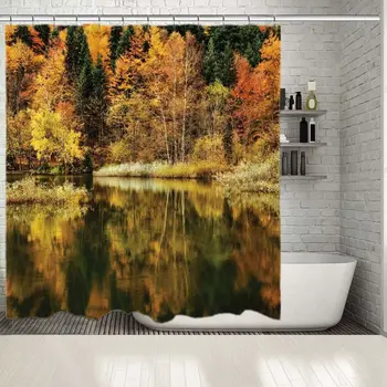 

Shower Curtain Colorful Autumn Trees Forest Reflection on Hidden Lake Nature Seasonal Landscape Green Orange Mustard View