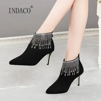 

Boots Women Leather Black High Heels Winter Boots Women Fashion Fringe Rhinestone 7.5cm