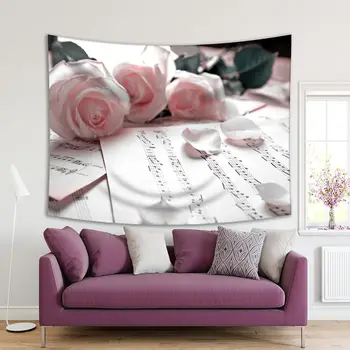 

Tapestry Pink Roses On Music Notes Vintage Romantic Theme Photo Printed