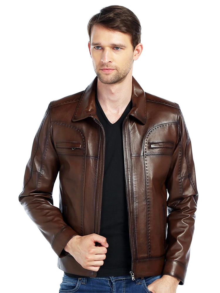 

Genuine Soft Lambskin Leather Jacket Handmade Man Brown Jacket Biker Motorcycle Style Jacket Bomber Real Fur Coat Custom Product