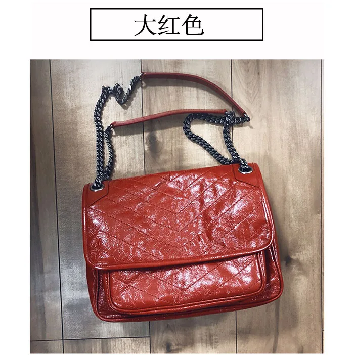 Fall and Winter New Oil Wax Niki Postman Bag Retro Bean Curd Bag Double Chain Women's Bag Single Shoulder Slant Fashion