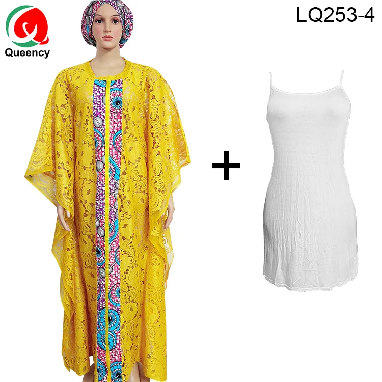 

LQ253 Free size-Newest Ankara Cord Lace Skrit Italy Nigeria Lady Bat Sleeve Guipure Lace Dress with Lining and Headtie 3pcs/set