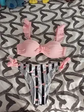 Bañador de banda con volantes de encaje a rayas para mujer, traje de baño de realce, conjunto de Bikini de copa de sujetador, traje de baño de corte alto, F72