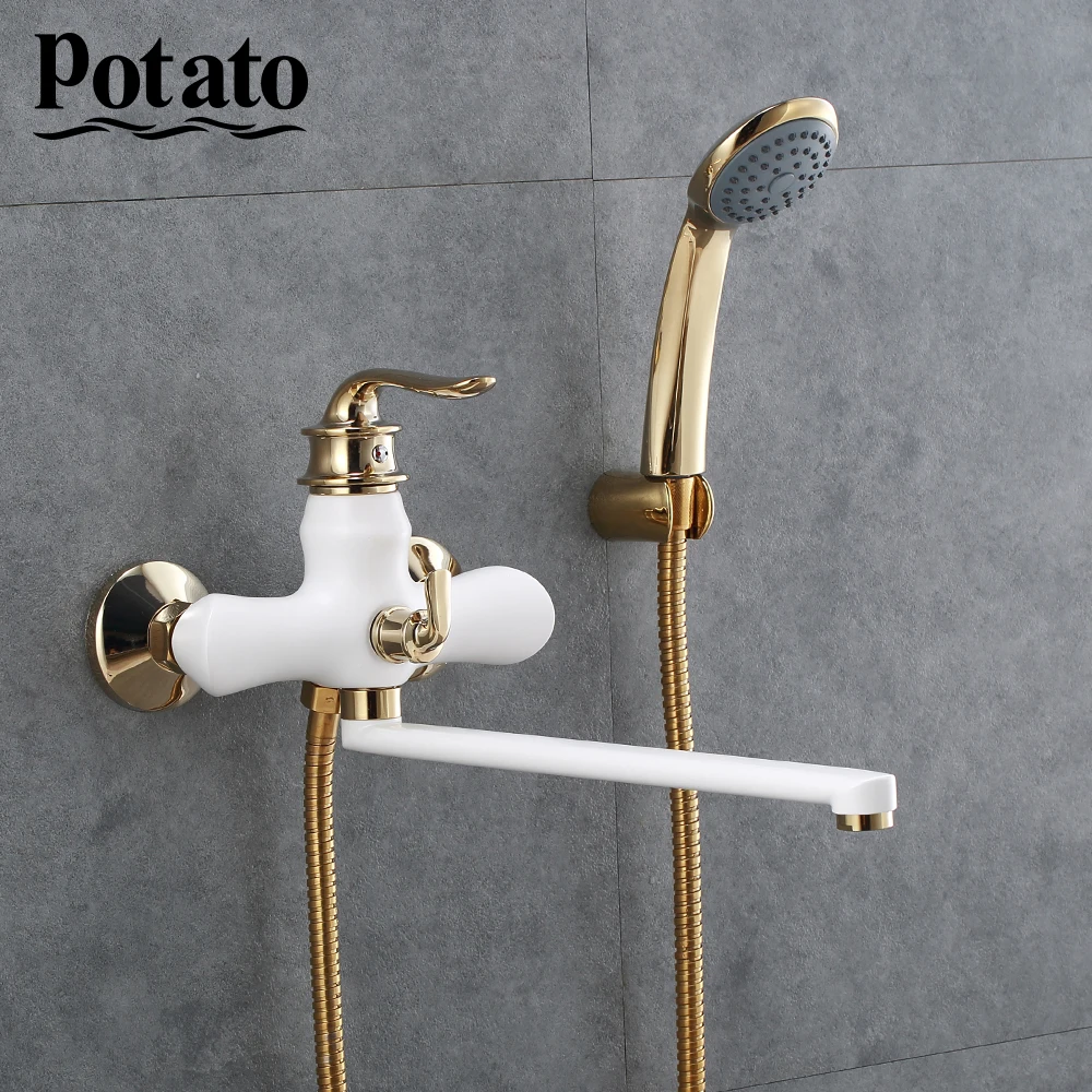 

Potato Chrome Bath shower faucet hot and cold water Outlet pipe bathroom taps with ABS shower head 3 colors p22219-