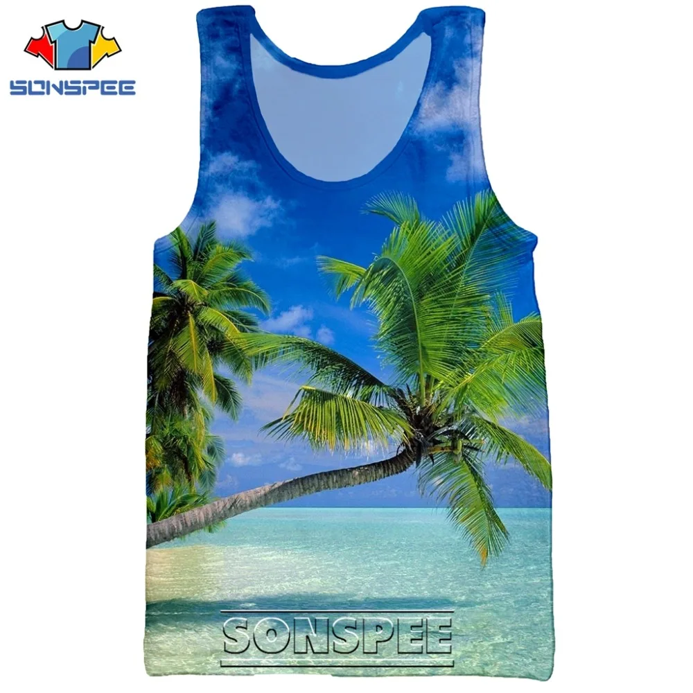 SONSPEE 3D Print Palm Tree Summer Beach Sea Men's Tank Tops Casual Fitness Bodybuilding Gym Muscle Men Sleeveless Vest Shirt