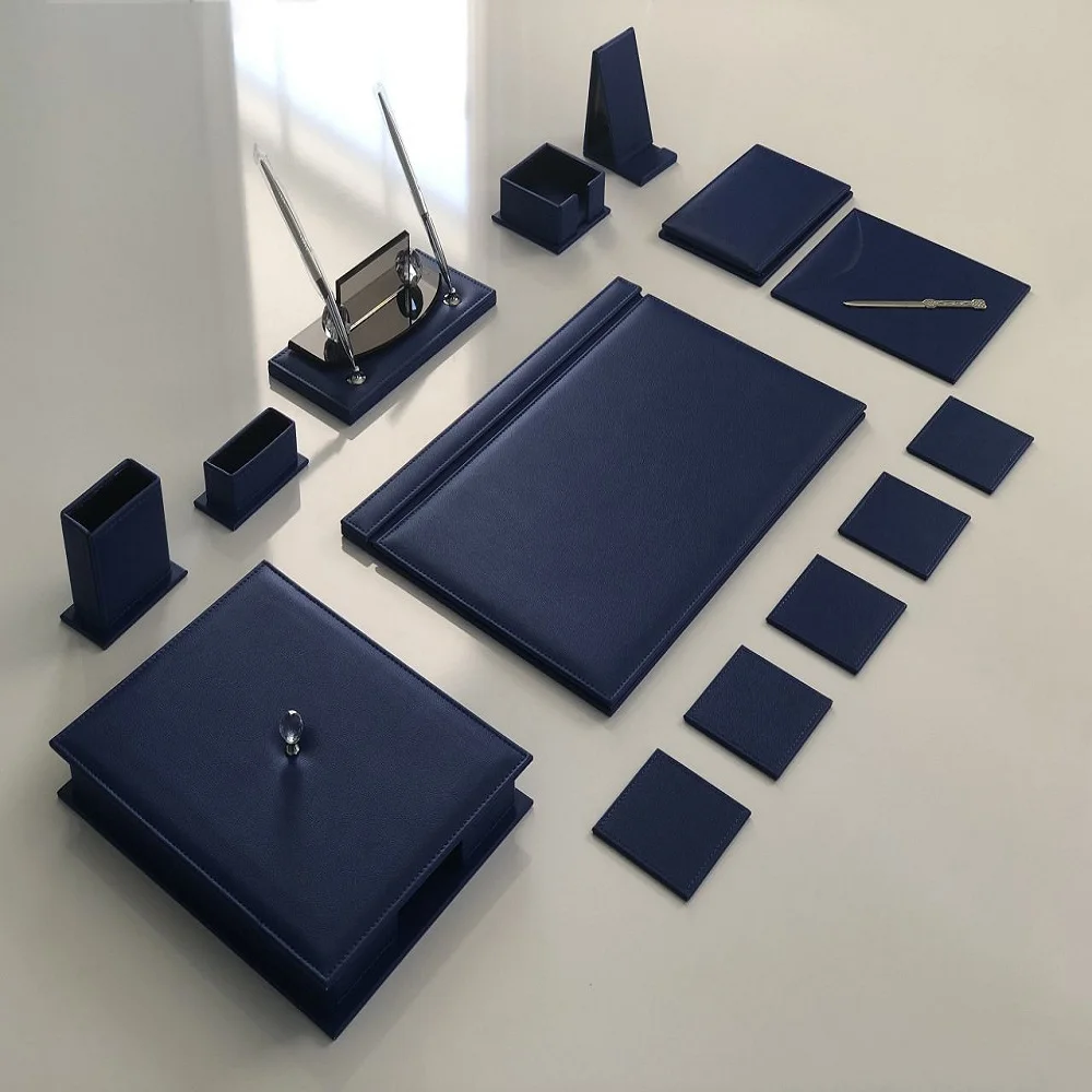 LUXURY Navy Blue Office Desk Leather Pad Mat Set Organizer Accessories Office Supplies Office Desktop Set Desk Organizer