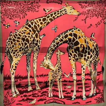 

Women Scarf Giraffe Pink Orange Pure Silk Soft High Quality Luxury Famous Brand Big Square Wrap Bandana Shawl 120*130Cm