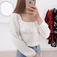 Short Blouses Womens Tops Long-Sleeve Vintage Square-Collar Casual Simple New Bow Solid