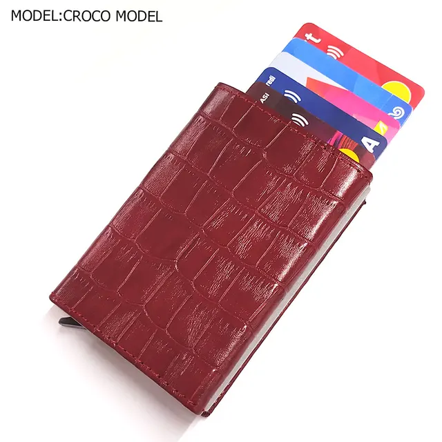 Smart Wallet Business Card Holder Real Cow Leather Handmade Smart Automatic Card Holder Men Gift Croco Burgundy
