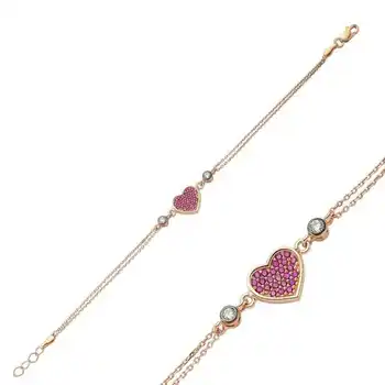 

KUTAYDAN 925 Sterling Silver Pink Heart Women Bracelet