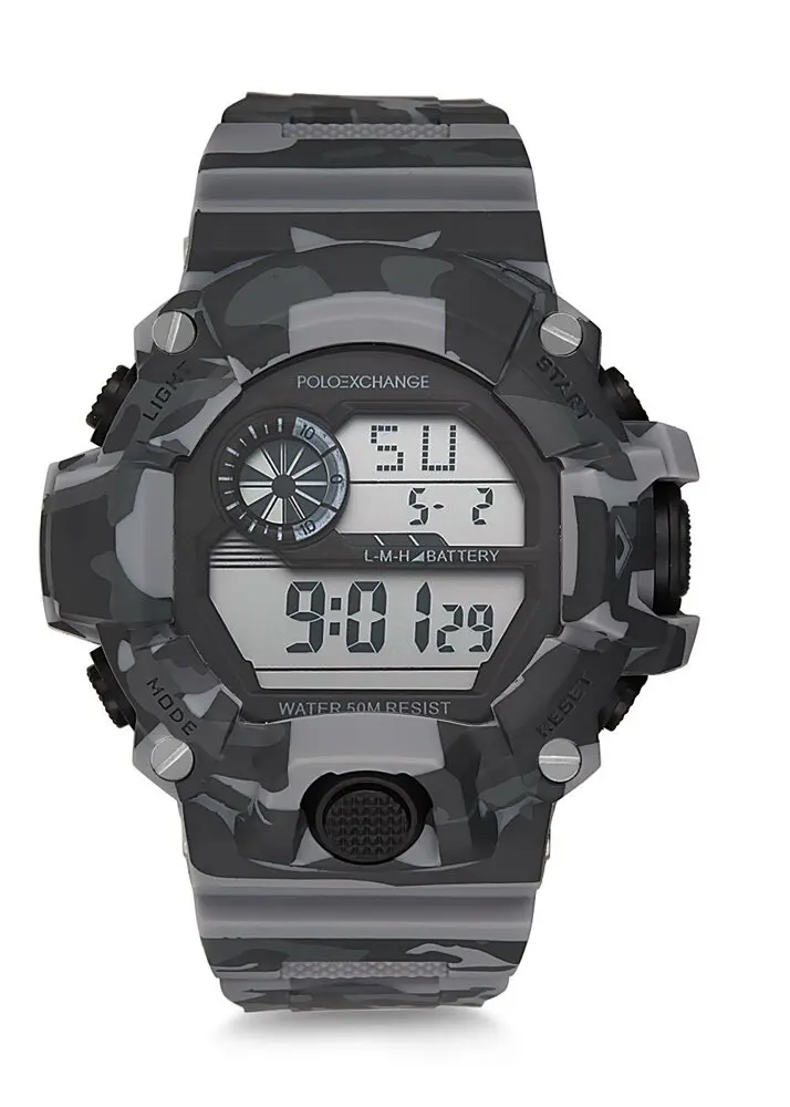 

Polo Exchange PX-DR34GM-01 Men Digital Wristwatch, Camouflage Pattern Gray Wristwatch, 51 mm PVC Case, 3 ATM Water Resistance