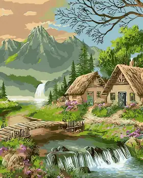 

Drawing on wood by numbers (24 colors) 30x40 cm "houses by the river and mountains" Red Cat awd3031