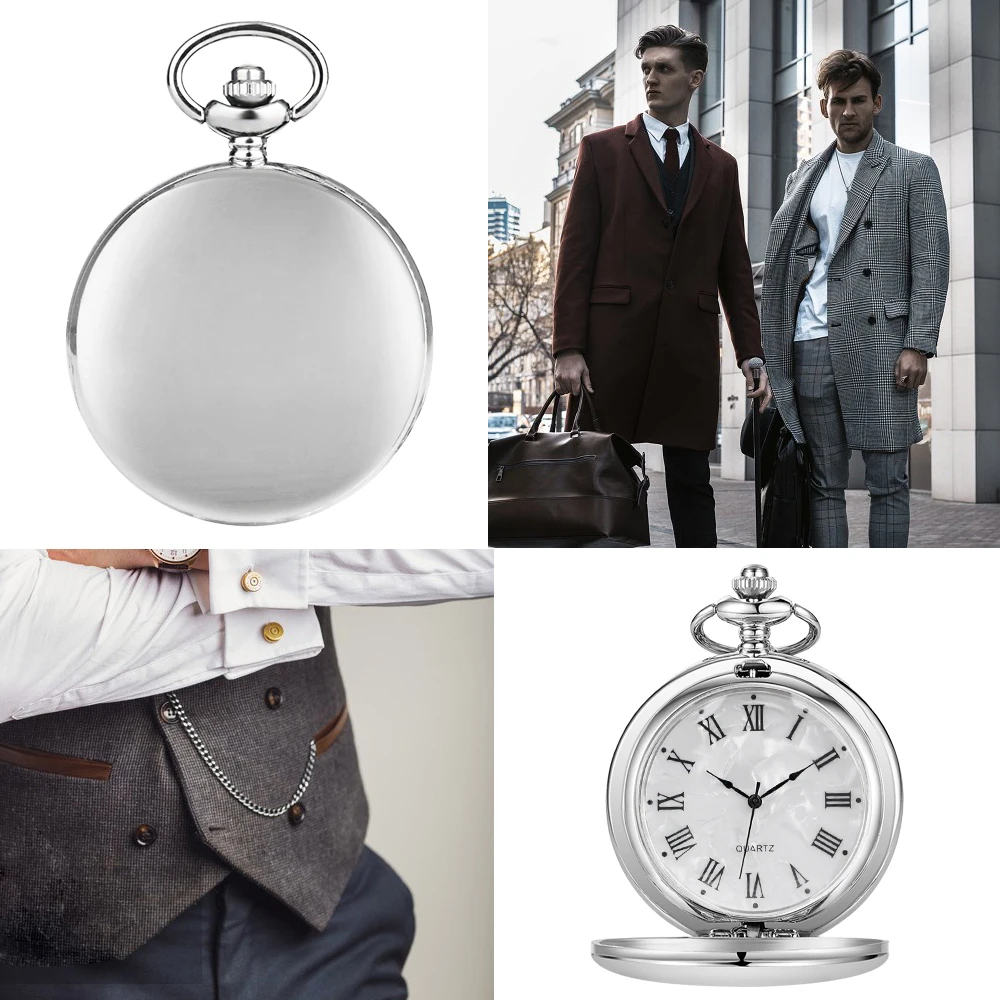 New Men's Quartz Pocket Watches Vintage Fashion Charm Silver Pocket FOB Watch Necklace Pendant with Chain Gifts CF1902