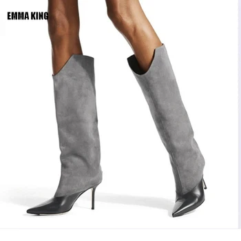 

Autumn/Winter Women Over The Knee Boots Fashion Sexy Blue Black/grey Patchwork Boots Lady Pointed Toe Stiletto Women's High Boot