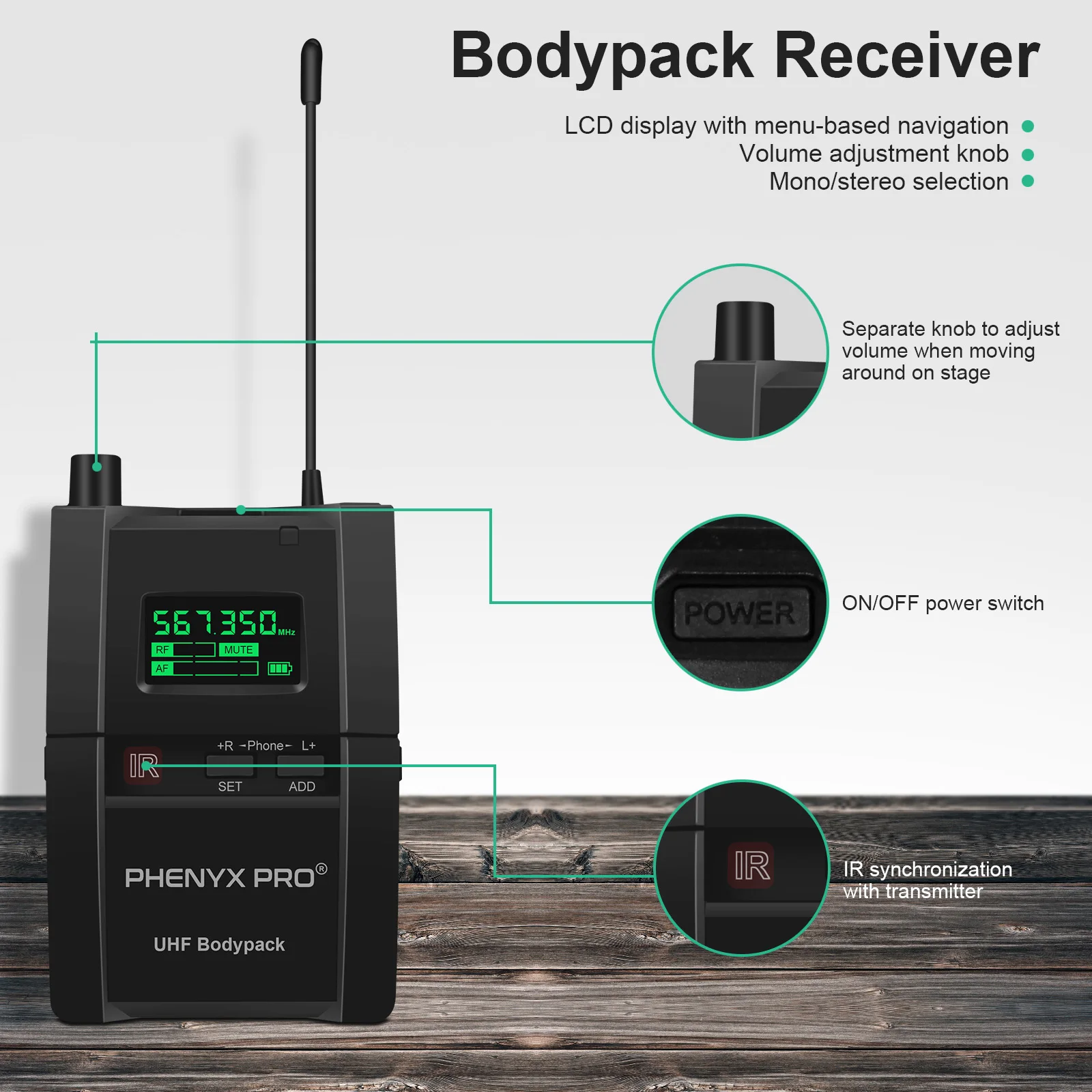 Phenyx Pro UHF Stereo Wireless in Ear Audio Monitor System Selectable Frequency 500MHz Band Rack Mountable for Stage Return
