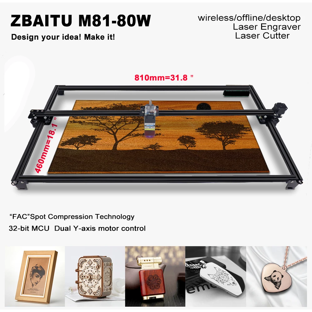 portable woodworking bench ZBAITU FF80 Laser Engraving Cutting Machine 81*46cm Large Area 32-Bit Engraver with Air Assisted Laser Head Cutting Pine woods multi boring machine for wood Woodworking Machinery