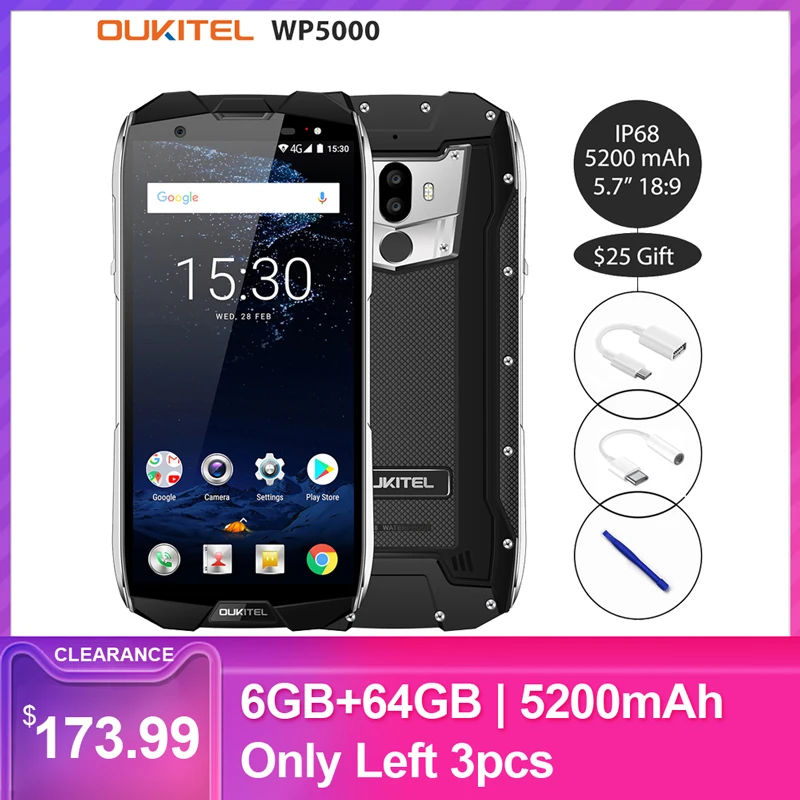 OUKITEL WP5000 4G IP68 мобильный телефон 5200mAh Helio P25 восьмиядерный 2,5 GHz 5," 18:9 HD+ дисплей 6GB+ 64GB 16MP+ 5MP прочный телефон