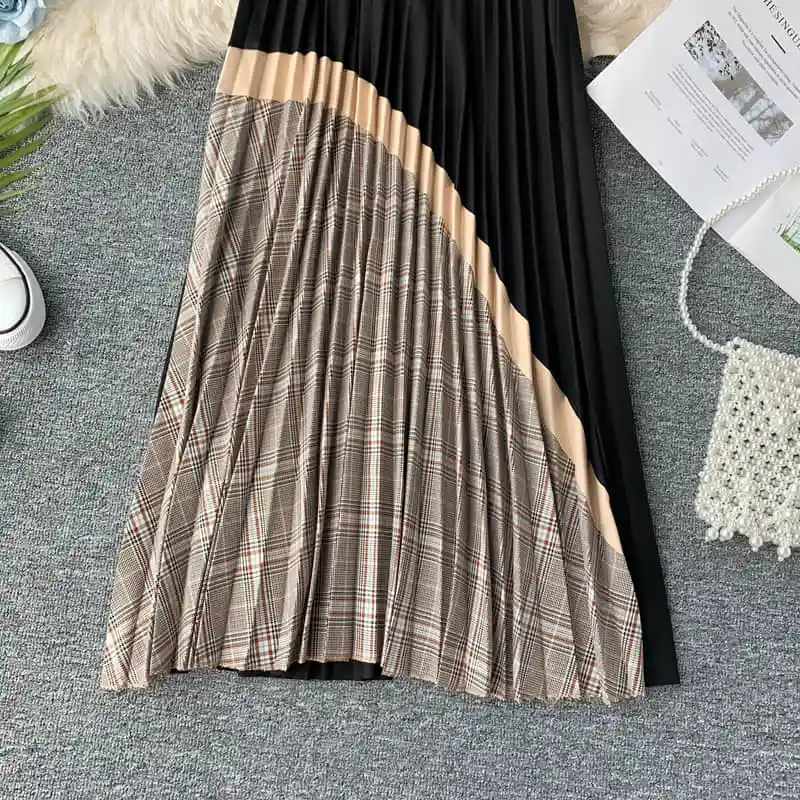 autumn Plaid High Waist Vintage Long Skirt Autumn Winter Bottoms Long Skirts A-line Patchwork Panelled Pleated Skirts