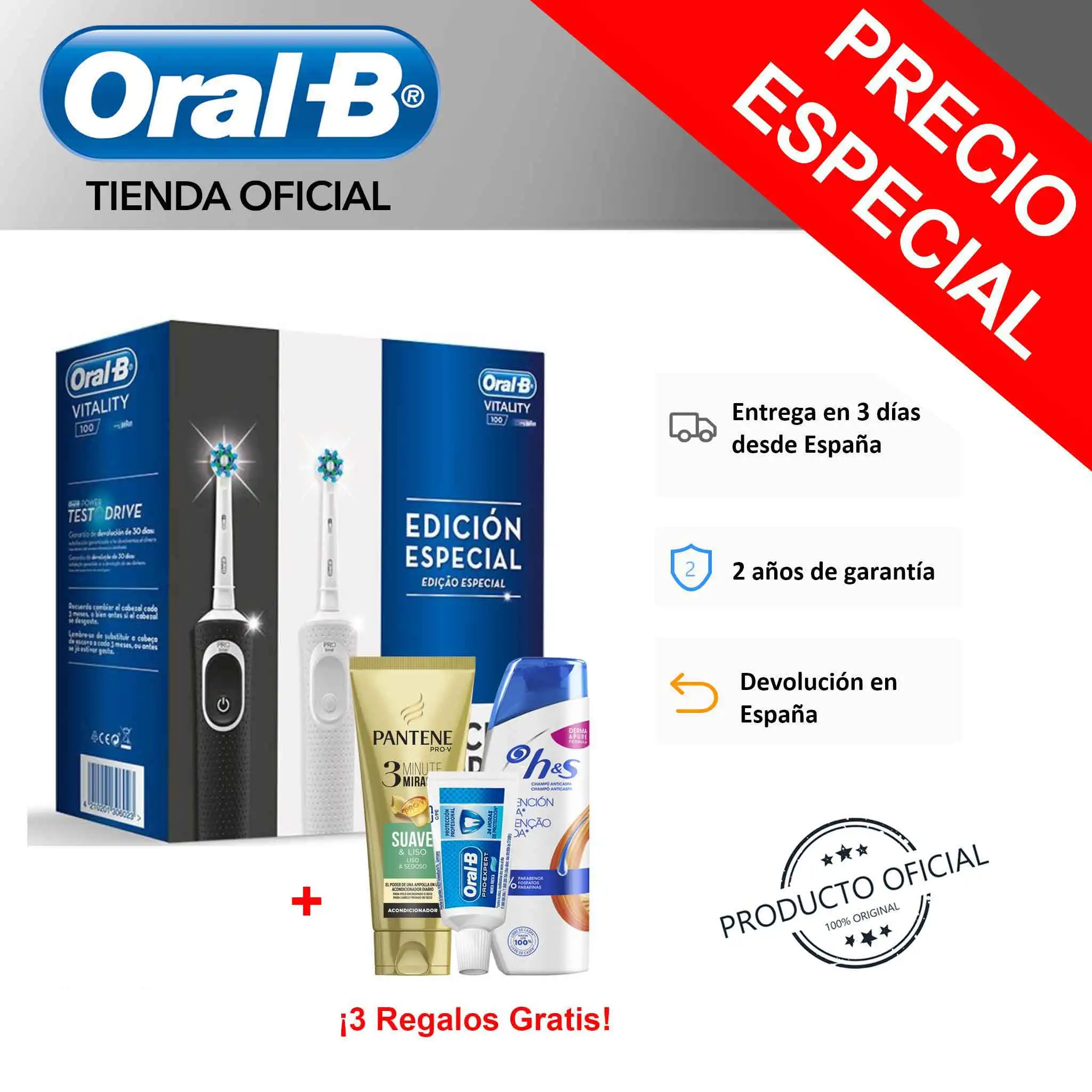  Pack 2 Cepillos Eléctricos Recargables Oral-B Vitality D100 CrossAction Blanco/Negro + Dentífrico O