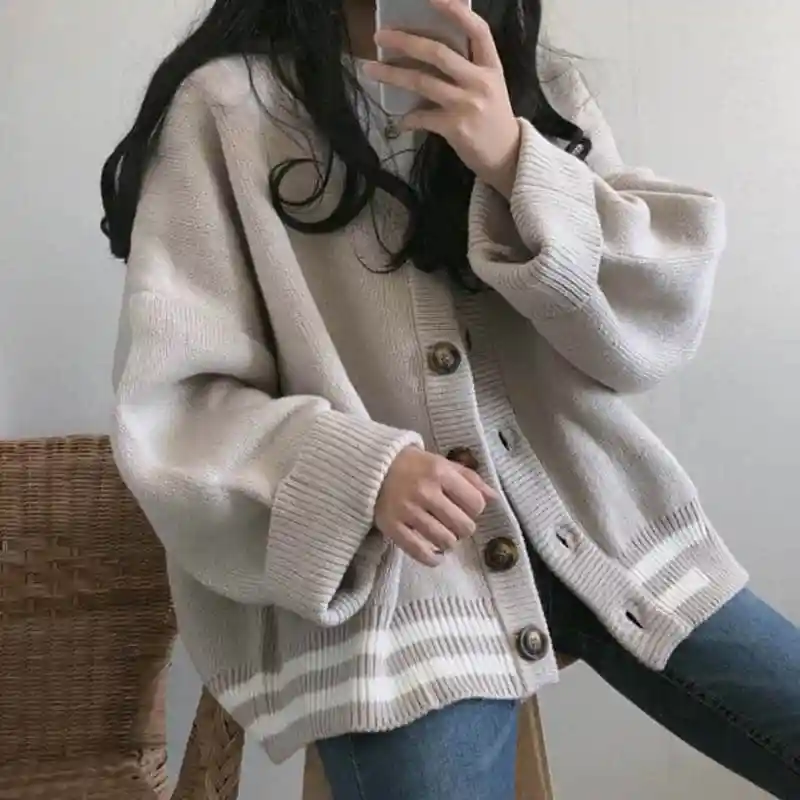 

NiceMix Women's Korean Style V-neck Knitted Cardigan Sweater Autumn Long Sleeve Loose Cardigans Woman Oversize Winter Sweaters