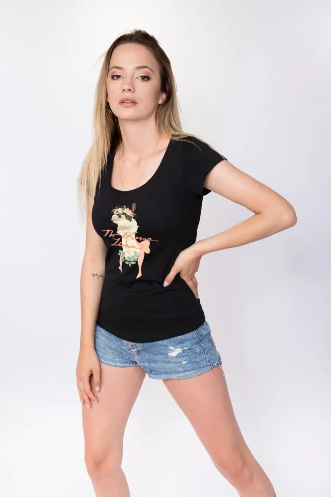 Женская Черная хлопковая Футболка Angemiel Wear No Drama Llama|Футболки| |