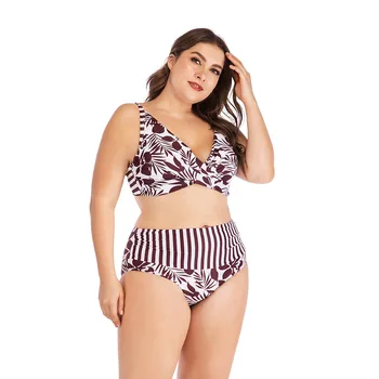

Jamais Vu Women Plus Size Bikini High Waist Short Cross Front Striped Bottom Floral Print Tie Bow Back Swimwear Bathsuit